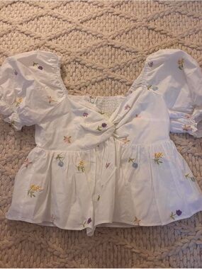 English Factory White Puff-Sleeve Embroidered Peplum Top